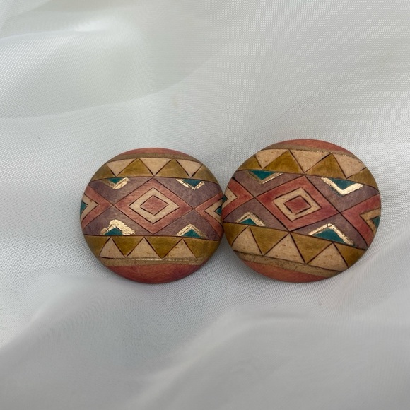 Hand Crafted Jewelry - 80’s Vintage Hand-painted Wood Earrings